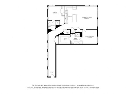 Floor plan for 2 beds, 2 baths, 1389 sqft